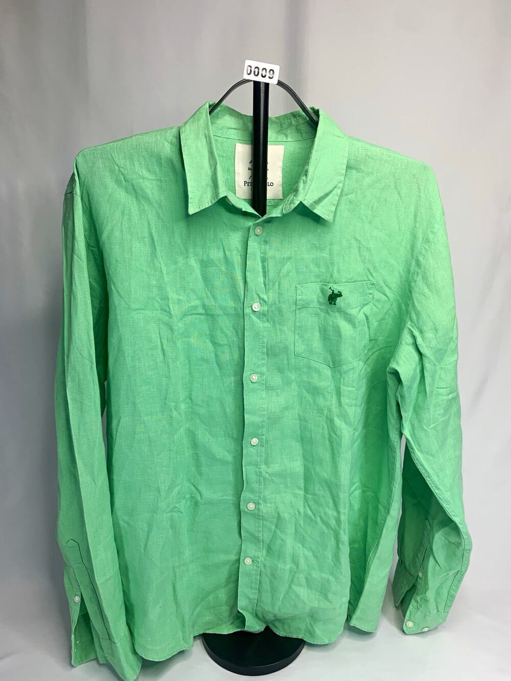 Peter Polo Men's L Green Solid Woven Linen LS Button-Up Shirt Point Collar